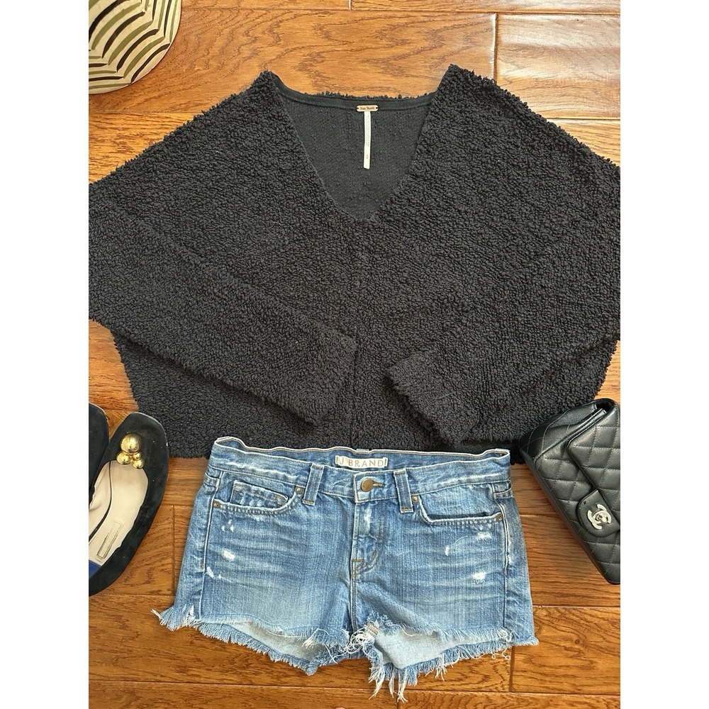 Free People Black Boucle V Neck Sweater Womens Small S Cropped Oversized Knit